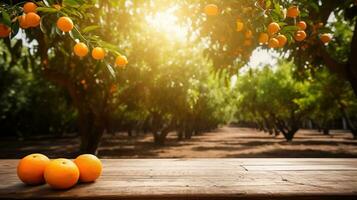 trä- tabell plats av fri Plats för din dekoration och orange träd med frukt i Sol ljus. ai generativ foto