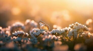 skön blomma fält med fjäril, makro skott på de gyllene timme tid. generativ ai foto