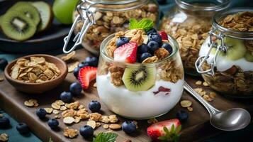 hemlagad granola med nötter och russin, kiwi, blåbär, banan, jordgubbar och enkel yoghurt. topp se, generativ ai foto