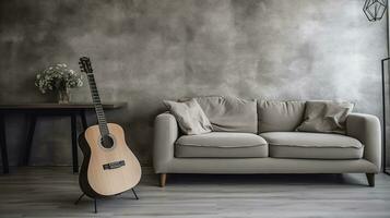 minimalistisk interiör design begrepp. akustisk gitarr på grå textil- soffa i rymlig rum av loft stil lägenhet med trä texturerad laminerad golv. stänga upp. ai generativ foto