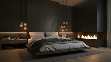 interiör av eleganta sovrum med modern lampa, krukväxter och öppen spis i kväll, generativ ai foto