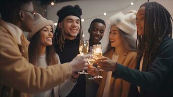 jul fest tid. ung människor toasting med champagne flöjter. multietnisk vänner gratulera varje Övrig med ny år. firande och nattliv begrepp, Semester, generativ ai foto