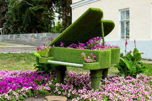 piano tillverkad av grön gräs i de trädgård av de hus med en blomma säng. foto