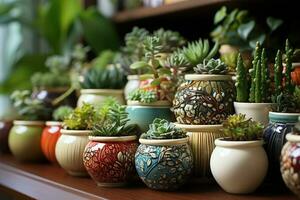 samling av olika krukväxter visas i keramisk kastruller foto