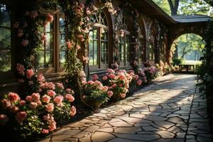 blomstrande blommor i en trädgård, skön villa i de trädgård. foto