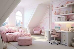 barns rum för flickor i klassisk stil i ljus rosa färger och vit möbel. foto