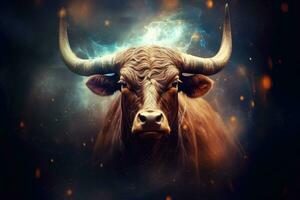 astrologi kalender. taurus magisk zodiaken tecken astrologi. esoterisk horoskop och förmögenhet talande begrepp. taurus zodiaken i universum. generativ ai foto