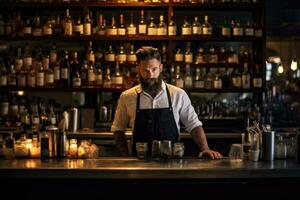 bartender arbetssätt på disken på bar Plats. foto