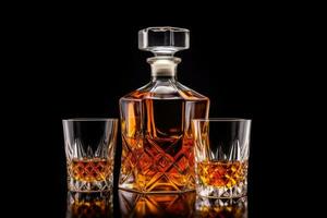 karaff med whisky eller cognac och en glas på en vit bakgrund foto