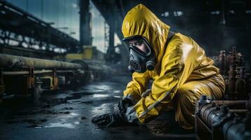 kemisk specialist ha på sig säkerhet enhetlig och gas mask inspekterande kemisk läcka i industri fabrik foto