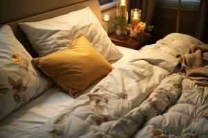 dubbel- säng med täcke och kuddar och dekorer. foto
