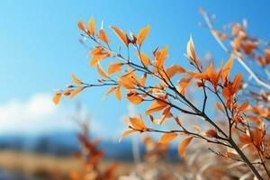 vibrerande höst löv mot en klar blå himmel, pittoresk landskap ai genererad foto