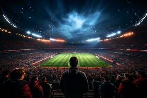 fotboll spelare bak- se med boll på fält av stadion, natt se, stadion kram folkmassan ai genererad foto