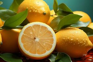 uppfriskande nyanser en sommar sammansättning med apelsiner och citron, pastell bakgrund ai genererad foto
