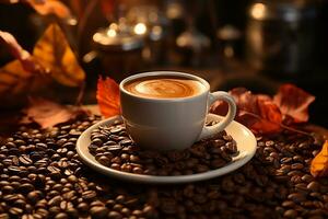 Kafé atmosfär värma toner, bakgrund full av nyligen rostad kaffe bönor ai genererad foto