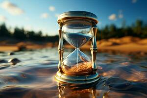 närbild av timglas med strömmande sand, uppsättning mot en blå bakgrund ai genererad foto