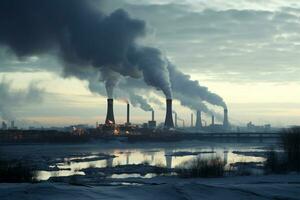 rök förorening från uppvärmning station filtar vintrig stadsbild, påverkar globalt ai genererad foto
