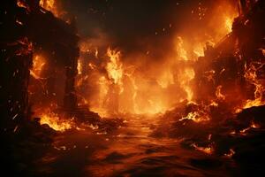 flammande inferno uppslukar brännande stänga ai genererad foto