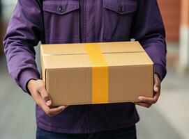 en deliveryman med en paket låda. uppkopplad och e-handel handla begrepp. ai genererad foto
