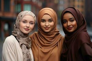 grupp av multietnisk muslim kvinnor med hijab. mångfald begrepp. ai genererad foto