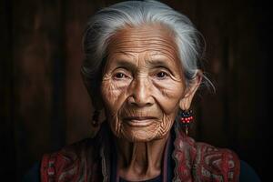 gammal senior asiatisk kvinna med grå hår och rynkig på henne ansikte. ai genererad foto