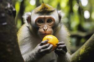 stänga upp av apa äter frukt i de djungel. generativ ai foto