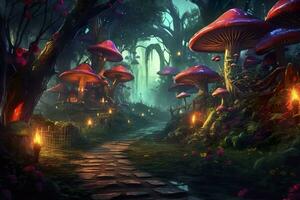 de skog är belyst upp med svamp och blommor, i de stil av realistisk fantasi konstverk, fantastiskt gata, mörk smaragd- och ljus cyan, ai generativ foto