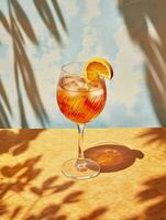 aperol spritz sommar dryck i glas med skuggor, tropisk bakgrund. generativ ai foto