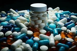 apotek tema porträtterad genom ett arrangemang av vit medicin tabletter och antibiotikum piller ai genererad foto