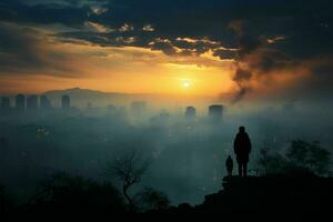 silhuetter mitt i stad smog, slåss lunga cancer hård verklighet ai genererad foto