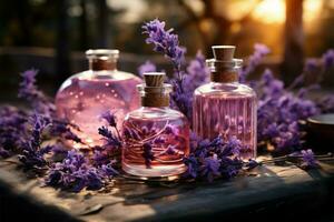 aromaterapi himmel lavendel- panorama med grundläggande olja flacons, lugnande och aromatisk ai genererad foto