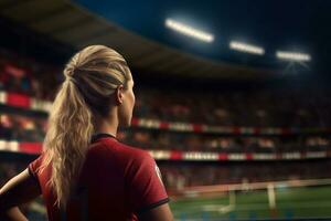 närbild av en kvinnor världscupen fotboll natt match, generativ ai foto
