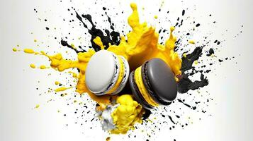 explosion från macarons, svart och vit, ett är Färg gul, vit bakgrund ai genererad foto