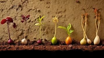 groende frön av vegetabiliska på de jord i olika årstider, ai genererad foto