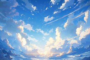 anime stil målning av en blå himmel med moln och en båt foto