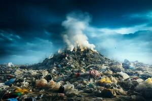 miljö- oro avbildad förbi en massiv deponi avfall lugg symboliserar förorening ai genererad foto