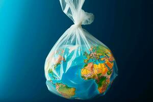 jord hölls fången i en plast väska, symboliserar mänsklig tillverkad förorening ai genererad foto