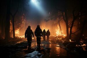 vild skog bläs, natt flytta, tapper brandmän på arbete ai genererad foto
