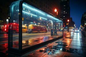 reklam ljus låda, tömma buss sluta, stad gata bakgrund ai genererad foto
