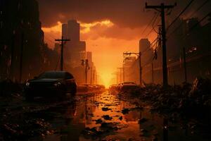 soluppgång strider smog i stad gator ai genererad foto