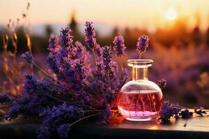 alternativ medicin och parfymer förena lavendel- panorama med grundläggande olja flacons ai genererad foto