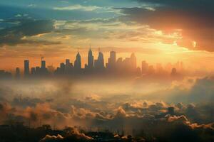 stad förtäckt i smog, badade i morgon- Sol ai genererad foto