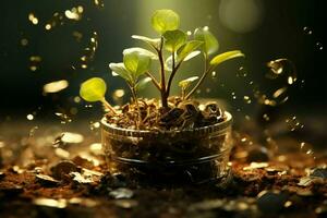 pengars rötter i bördig jord, företag Framgång blommar i naturens solsken ai genererad foto