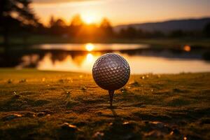 bländande solnedgång, golf klubb, och boll på kurs ai genererad foto