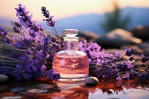 aromatisk oas lavendel- baner med grundläggande olja flacons, perfekt för avslappning och parfymer ai genererad foto