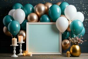 firande mockup, vit ram, färgrik ballonger, blå trä- tabell ai genererad foto