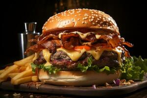 gourmet glädje, fläsk burger Utsmyckad med ost, bacon, och frites ai genererad foto
