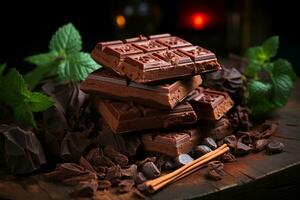 choklad glädje insvept bar på en mörk trä- bakgrund, en frestelse ai genererad foto