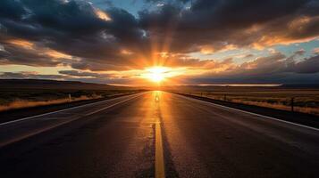 tömma asfalt väg med moln i himmel på soluppgång. de begrepp av miljö mål för Framgång. generativ ai foto