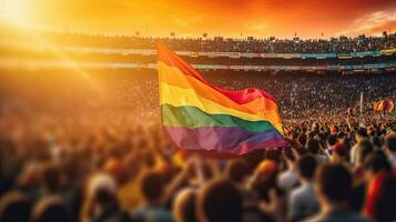 regnbåge Gay flagga på de bakgrund av de folkmassan. regnbåge Gay flagga. generativ ai foto